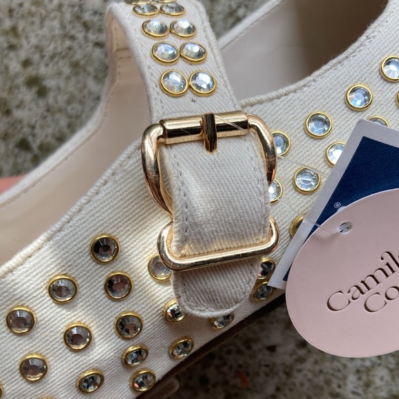 Camila Coelho Princess Cream Studded Mary Jane Flats Canvas Jewel Embellishments - Picture 4 of 11
